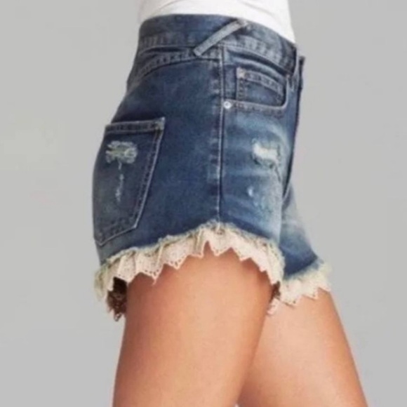 Free People High Rise Denim Shorts with Lace Accent Size 27 - Picture 1 of 8